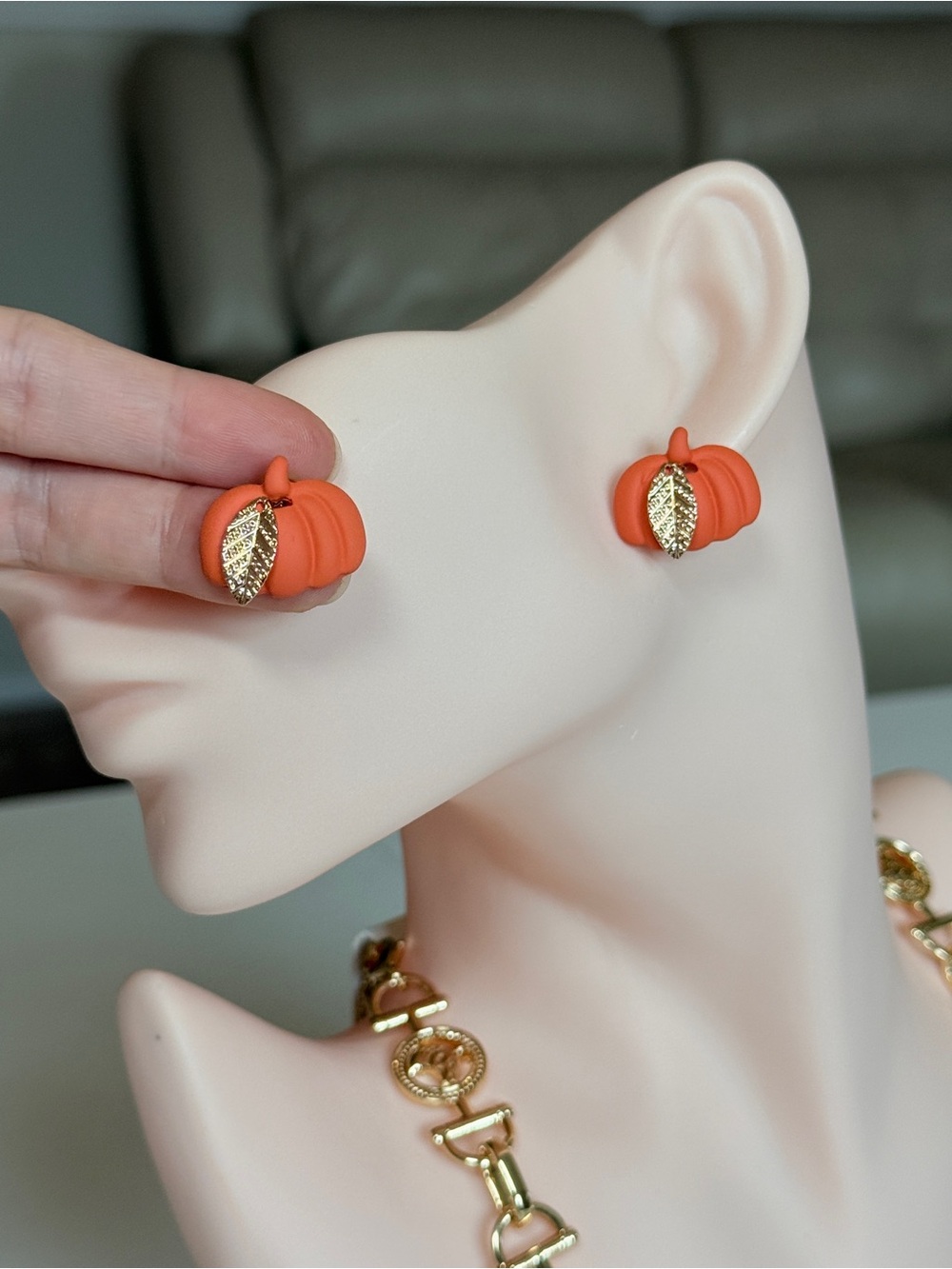 Gold Leaf Accent Orange Pumpkin Stud Earrings - Picture 9 of 12